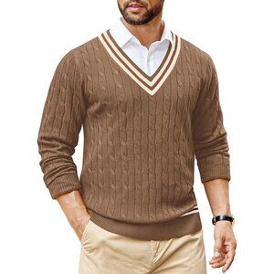 Men's V Neck Sweater Long Sleeve Cable Knit Sweater Pullover Slim Fit Oak Brown
